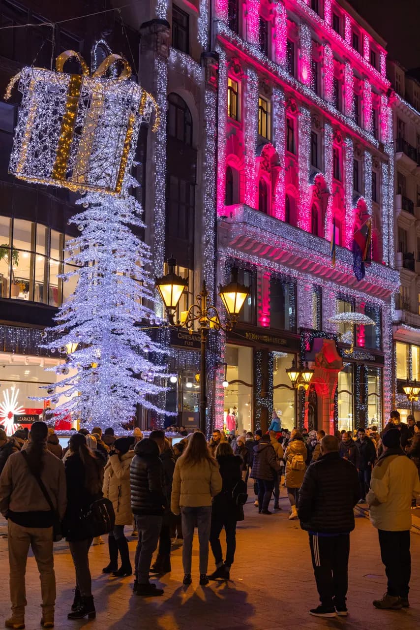 Crowd admiring illuminated christmas tree and festive lights in city street at night