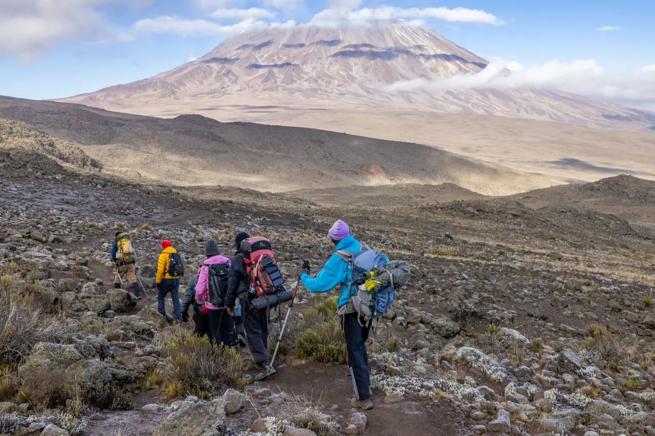 Group of hikers trekking on a mountain trail towards a volcanic peak in tanzania